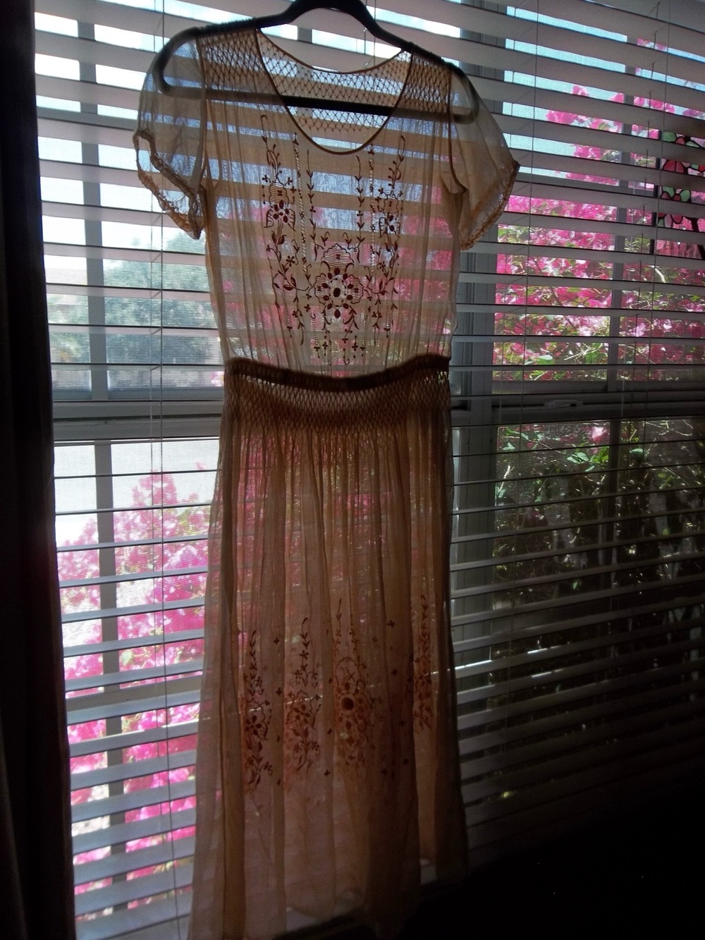 1920s Hungarian smocked flock Sheer Embroidered Women's Dress